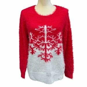 Black Rivet Womens Size Medium Red & Ivory Fuzzy Snowflake Sweater Fuzzy texture